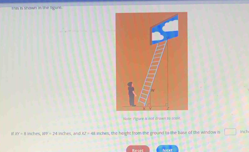 This is shown in the figure. 
Note: Figure is not drawn to scale. 
If XY=8 inches, WY=24 inches, and XZ=48 inches, the height from the ground to the base of the window is □ Inch
Reset Next
