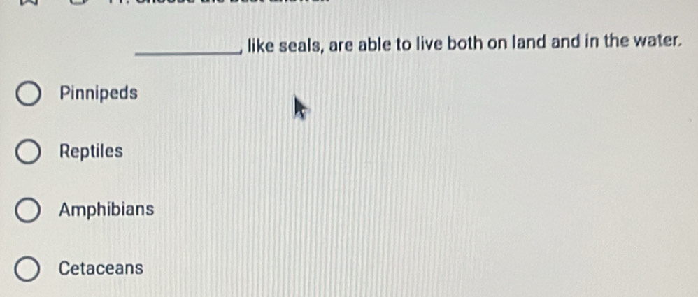 like seals, are able to live both on land and in the water.
Pinnipeds
Reptiles
Amphibians
Cetaceans
