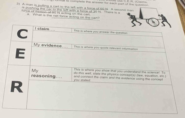 anould use C.E.R. (Claims, 
g urmat to complete the answer for each part of the question. 
3) A man is pulling a cart to the left with a force of 60 N. A second man 
is pushing the car to the left with a force of 30 N. There is a 
force of friction of 90 N acting on the cart. 
a. What is the net force acting on the cart?