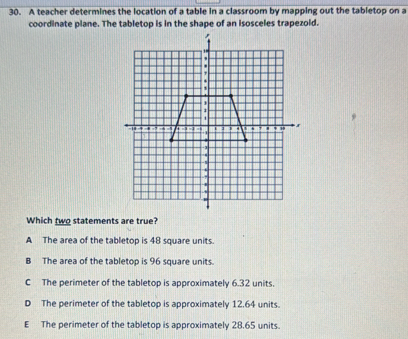 A teacher determines the location of a table in a classroom by mapping out the tabletop on a
coordinate plane. The tabletop is in the shape of an isosceles trapezoid.
Which two statements are true?
A The area of the tabletop is 48 square units.
B The area of the tabletop is 96 square units.
C The perimeter of the tabletop is approximately 6.32 units.
D The perimeter of the tabletop is approximately 12.64 units.
E The perimeter of the tabletop is approximately 28.65 units.