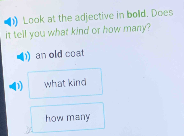 Look at the adjective in bold. Does
it tell you what kind or how many?
an old coat
what kind
how many