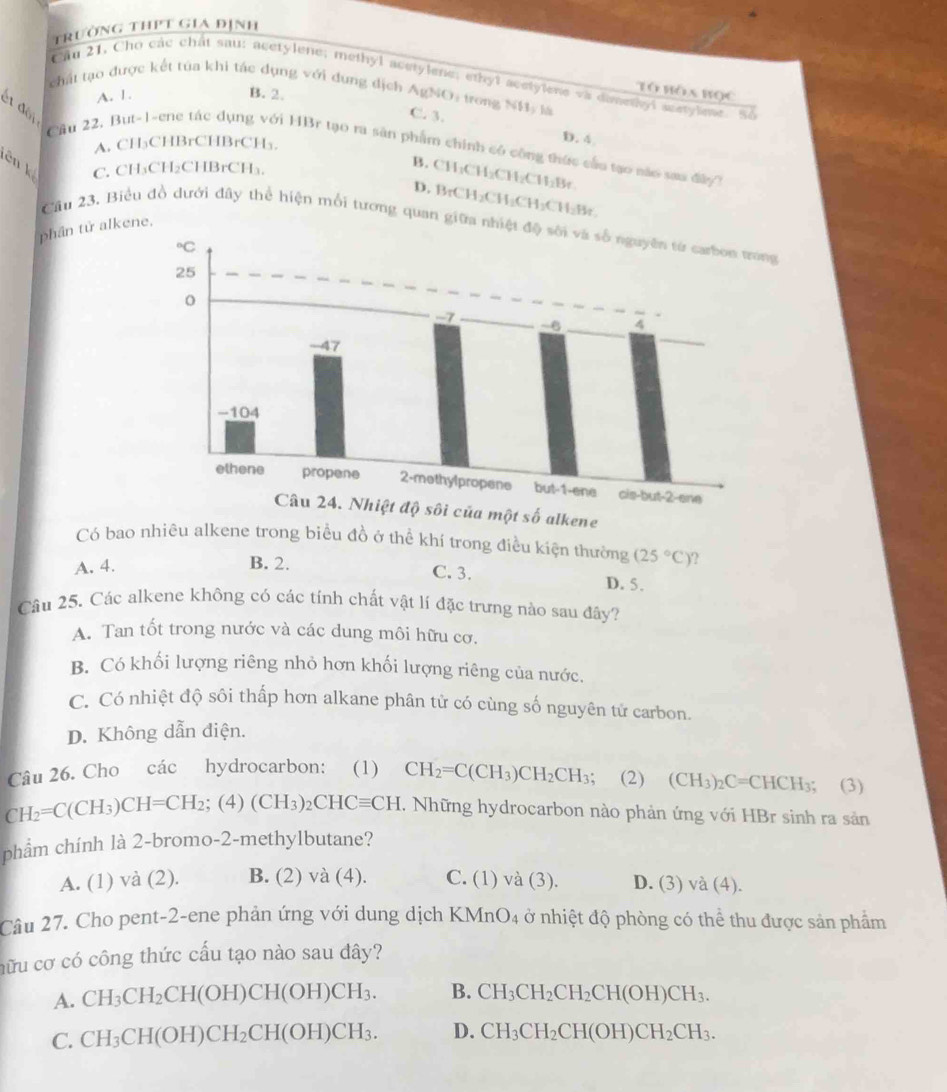 trường thPt gia định
Cầu 21, Cho các chất sau: acetylene; methyl acetylene; ethyl acetylene va dimethyl acetylene. So
chất tạo được kết tủa khi tác dụng với dung dịch AgNO: trong NH) là
A. 1. B.2.
Tô Bòa Bọc
ết đội
C. 3.
A. CH₃CHBrCHBrCH₃.
D. 4
Câu 22, But-1-ene tác dụng với HBr tạo ra sân phẩm chính có công thức cầu tạo não sau đây?
ên k C. CH₃CH₂CHBrCH₃.
B. Cl 1.(11)CH_2Cl 1:Br
D. Br CH_2CH_3CH;CH;Br
phần tử alkene
Câu 23. Biểu đồ dưới đây thể hiện mỗi tương quan giữa nhig
Có bao nhiêu alkene trong biểu đồ ở thể khí trong điều kiện thường
A. 4. B. 2. (25°C) 2
C. 3. D. 5.
Câu 25. Các alkene không có các tính chất vật lí đặc trưng nào sau đây?
A. Tan tốt trong nước và các dung môi hữu cơ.
B. Có khối lượng riêng nhỏ hơn khối lượng riêng của nước.
C. Có nhiệt độ sôi thấp hơn alkane phân tử có cùng số nguyên tử carbon.
D. Không dẫn điện.
Câu 26. Cho các hydrocarbon: (1) CH_2=C(CH_3)CH_2CH_3; (2) (CH_3)_2C=CHCH_3; (3)
CH_2=C(CH_3)CH=CH_2 :1 4) (CH_3)_2CHCequiv CH. Những hydrocarbon nào phản ứng với HBr sinh ra sản
phẩm chính là 2-bromo-2-methylbutane?
A. (1) và (2). B. (2) và (4). C. (1) và (3). D. (3) và (4).
Câu 27. Cho pent-2-ene phản ứng với dung dịch KMnO4 ở nhiệt độ phòng có thể thu được sản phẩm
hữu cơ có công thức cấu tạo nào sau đây?
A. CH_3CH_2CH(OH)CH(OH)CH_3. B. CH_3CH_2CH_2CH(OH)CH_3.
C. CH_3CH(OH)CH_2CH(OH)CH_3. D. CH_3CH_2CH(OH)CH_2CH_3.