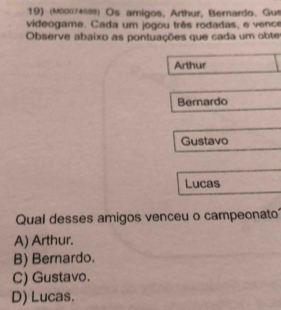 (M00074698) Os amigos, Arthur, Bernardo. Gus
videogame. Cada um jogou três rodadas, e vence
Observe abaixo as pontuações que cada um obter
Arthur
Bernardo
Gustavo
Lucas
Qual desses amigos venceu o campeonato
A) Arthur.
B) Bernardo.
C) Gustavo.
D) Lucas.