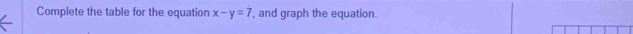 Complete the table for the equation x-y=7 , and graph the equation.
