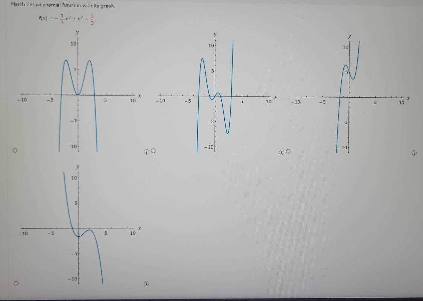 Match the polynomial function with its graph.
f(x)=- 1/3 x^3+x^2- 5/3 