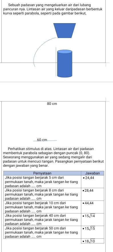 Sebuah padasan yang mengeluarkan air dari lubang
pancuran nya. Lintasan air yang keluar daripadasan berbentuk
kurva seperti parabola, seperti pada gambar berikut,
80 cm
60 cm
Perhatikan stimulus di atas. Lintasan air dari padasan
membentuk parabola sebagian dengan puncak (0,80).
Seseorang menggunakan air yang sedang mengalir dari
padasan untuk mencuci tangan. Pasangkan pernyataan berikut
dengan jawaban yang benar.