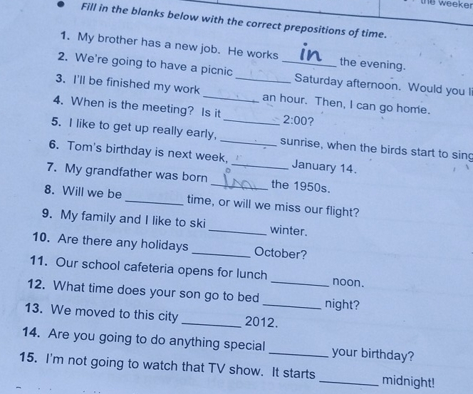 Solved: the weeker Fill in the blanks below with the correct ...