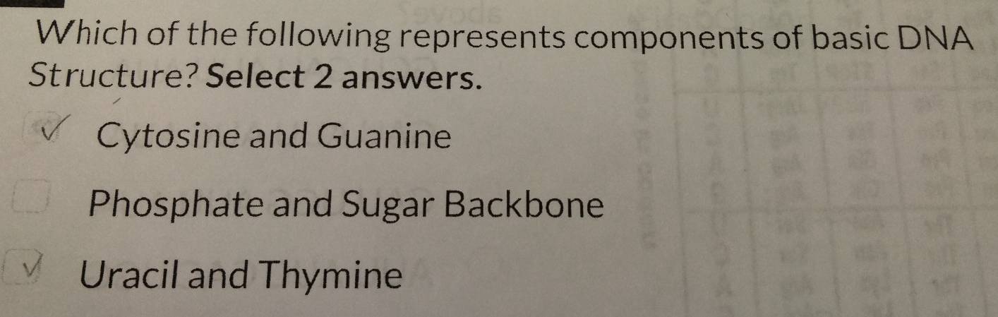 Which of the following represents components of basic DNA
Structure? Select 2 answers.
Cytosine and Guanine
Phosphate and Sugar Backbone
Uracil and Thymine