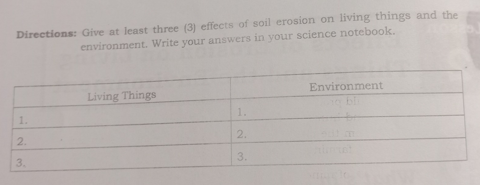 Directions: Give at least three (3) effects of soil erosion on living things and the 
environment. Write your answers in your science notebook.