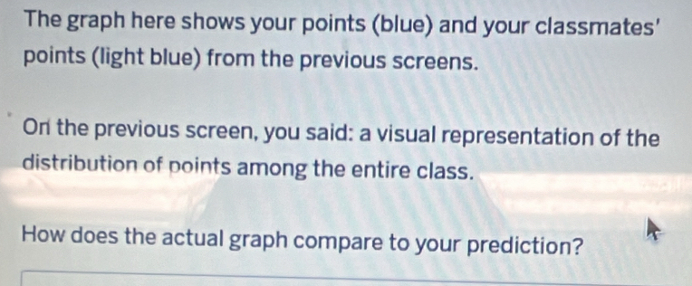 The graph here shows your points (blue) and your classmates' 
points (light blue) from the previous screens. 
On the previous screen, you said: a visual representation of the 
distribution of points among the entire class. 
How does the actual graph compare to your prediction?