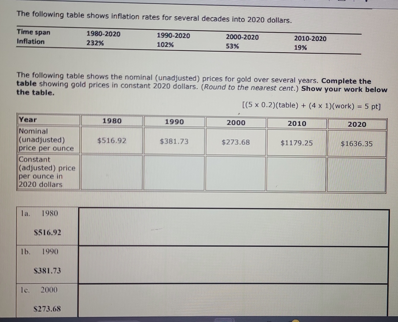 The following table shows inflation rates for several decades into 2020 dollars. 
Time span 1980-2020 1990-2020 2000-2020 2010-2020 
Inflation 232% 102% 53%
19%
The following table shows the nominal (unadjusted) prices for gold over several years. Complete the 
table showing gold prices in constant 2020 dollars. (Round to the nearest cent.) Show your work below 
the table.
[(5* 0.2)(table)+(4* 1)(work)=5pt]