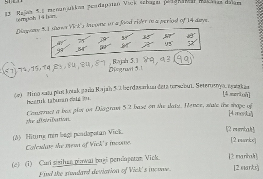 Rajah 5.1 menunjukkan pendapatan Vick sebagai pengnantar makanan dalam 
tempoh 14 hari. 
Diagram 5.1 shows Vick's income as a food rider in a period of 14 days. 
A 75 79 57 $ 27 35
99 84 89 84
93 52
Rajah 5.1 
Diagram 5.1 
(σ) Bina satu plot kotak pada Rajah 5.2 berdasarkan data tersebut. Seterusnya, nyatakan 
[4 markah] 
bentuk taburan data itu. 
Construct a box plot on Diagram 5.2 base on the data. Hence, state the shape of 
[4 marks] 
the distribution. 
(b) Hitung min bagi pendapatan Vick. 
[2 markah] 
Calculate the mean of Vick’ s income. 
[2 marks] 
(c) (i) Cari sisihan piawai bagi pendapatan Vick. 
[2 markah] 
Find the standard deviation of Vick`s income. 
[2 marks]