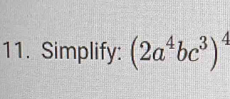 Simplify: (2a^4bc^3)^4