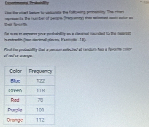 Experimental Probmbility 
Uise the chart below to calculate the following probability. The chart 
represents the number of people (frequancy) that seected each color as 
thai fevorita 
Be sure to express your probability as a decimal rounded to the neares! 
hundredth (two decimal places, Exemple; . 18). 
Find the probabiity that a person selected at random has a favorite color 
of rad or orange.