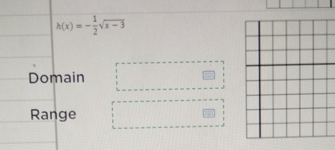 h(x)=- 1/2 sqrt(x-3)
Domain 
Range 5555