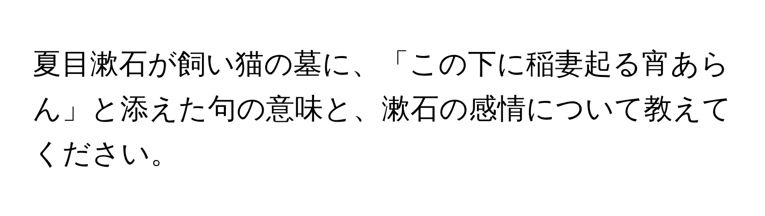 夏目漱石が飼い猫の墓に、「この下に稲妻起る宵あらん」と添えた句の意味と、漱石の感情について教えてください。