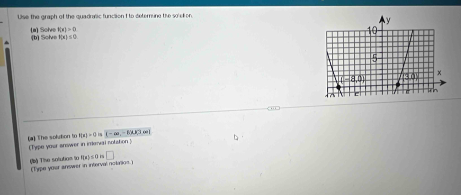 Use the graph of the quadratic function f to determine the solution.
y
(a) Solve f(x)>0. 
1 
(b) Solve f(x)≤ 0. 
5
(-8,0) (3,0)
T 
a 
(a) The solution to f(x)>0 is (-∈fty ,-8)∪ (3,∈fty )
(Type your answer in interval notation.) 
(b) The solution to f(x)≤ 0 is □ . 
(Type your answer in interval notation.)