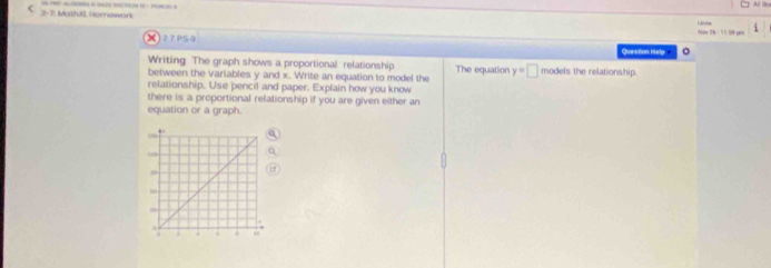 All lo 
< 2-7: Mathi, Homework 
o 2 - 1 1 1 Gres 
× 27P50 Question Help 。 
Writing The graph shows a proportional relationship 
between the variables y and x. Write an equation to model the The equation y=□ models the relationship. 
relationship. Use pencil and paper. Explain how you know 
there is a proportional relationship if you are given either an 
equation or a graph.