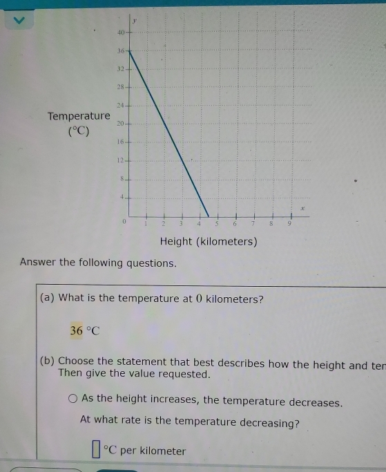 Temperatu
(^circ C)
Answer the following questions. 
(a) What is the temperature at O kilometers?
36°C
(b) Choose the statement that best describes how the height and ten 
Then give the value requested. 
As the height increases, the temperature decreases. 
At what rate is the temperature decreasing?
□°C per kilometer