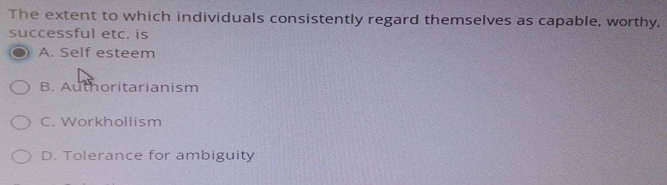 The extent to which individuals consistently regard themselves as capable, worthy,
successful etc. is
A. Self esteem
B. Authoritarianism
C. Workhollism
D. Tolerance for ambiguity