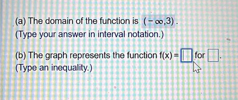 The domain of the function is (-∈fty ,3). 
(Type your answer in interval notation.) 
(b) The graph represents the function f(x)=□ for □ - 
(Type an inequality.)