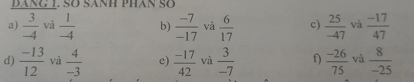 DANG 1. SÖ SANH PHAn Số 
a)  3/-4  và  1/-4   (-7)/-17  và  6/17   25/-47  và  (-17)/47 
b) 
c) 
d)  (-13)/12  và  4/-3  e)  (-17)/42  và  3/-7   (-26)/75  và  8/-25 
f)