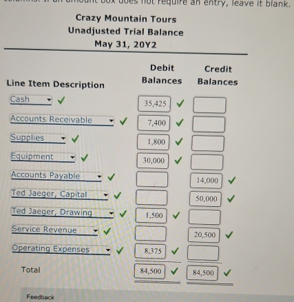 es not require an entry, leave it blank. 
Crazy Mountain Tours 
Unadjusted Trial Balance 
May 31, 20Y2
Debit Credit 
Line Item Description Balances Balances 
Cash 35,425 □ 
Accounts Receivable 7,400 □ 
Supplies 1,800 □ 
Equipment 30,000 □ 
Accounts Payable □ 14,000
Ted Jaeger, Capital □ 50,000
Ted Jaeger, Drawing 1,500 □ 
Service Revenue □ 20,500
Operating Expenses 8,375 □ 
Total 84,500 84,500
Feedback