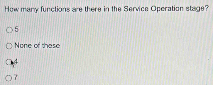 How many functions are there in the Service Operation stage?
5
None of these
4
7