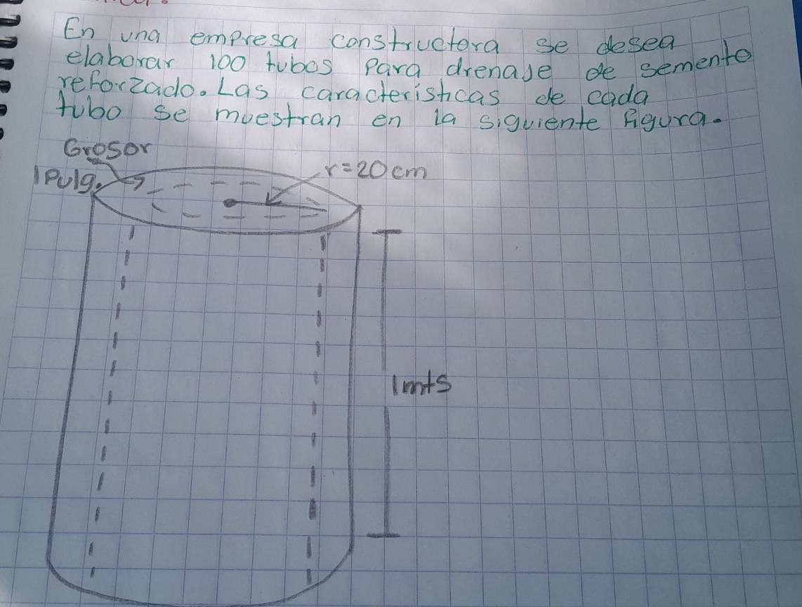 En una empresa constructora se desed
elaborar 100 tubos Para drenase de semente
reforzado. Las caracteristcas de eada
tubo se muestran en la siquiente Fgura.