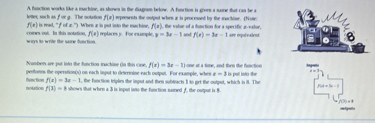 A function works like a machine, as shown in the diagram below. A function is given a name that can be a
letter, such as f or g. The notation f(x) represents the output when æ is processed by the machine. (Note:
f(x) is read, “ f of æ.”) When x is put into the machine, f(x) , the value of a function for a specific æ-value,
comes out. In this notation, f(x) replaces y. For example, y=3x-1 and f(x)=3x-1 are equivalent
ways to write the same function.
Numbers are put into the function machine (in this case, f(x)=3x-1) one at a time, and then the function 
performs the operation(s) on each input to determine each output. For example, when x=3 is put into the 
function f(x)=3x-1 , the function triples the input and then subtracts 1 to get the output, which is 8. The
notation f(3)=8 shows that when a 3 is input into the function named f, the output is 8.