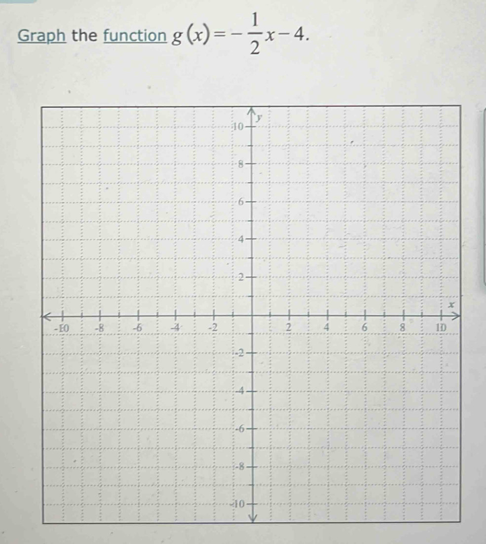 Graph the function g(x)=- 1/2 x-4.