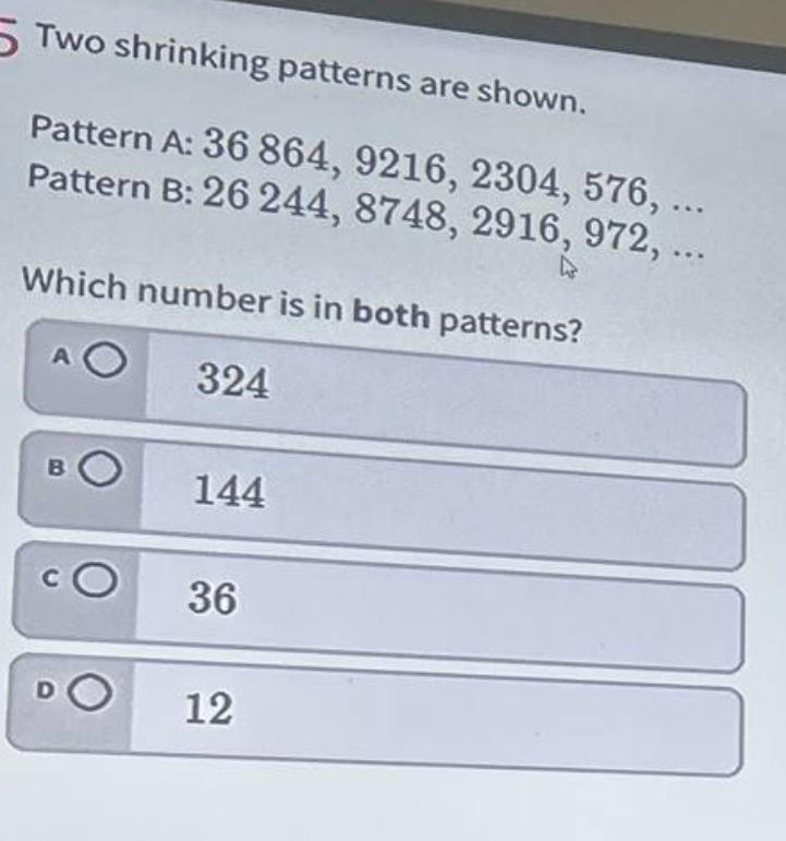 Solved: Two shrinking patterns are shown. Pattern A: 36 864, 9216, 23 ...