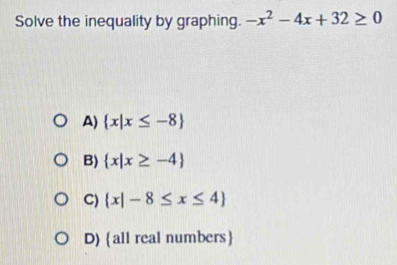 Solve the inequality by graphing. -x^2-4x+32≥ 0
A)  x|x≤ -8
B)  x|x≥ -4
C)  x|-8≤ x≤ 4
D) all real numbers