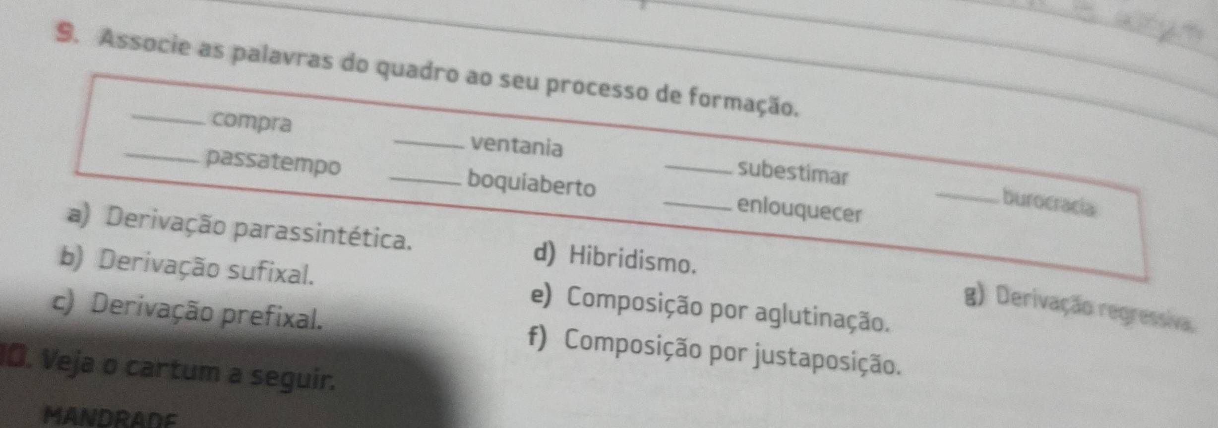 Associe as palavras do quadro ao seu processo de formação.
_compra _ventania subestimar
passatempo _boquiaberto __enlouquecer
_
burocracia
a) Derivação parassintética. d) Hibridismo.
b) Derivação sufixal. e) Composição por aglutinação.
g) Derivação regressiva
c) Derivação prefixal. f) Composição por justaposição.
IO. Veja o cartum a seguir.
MANDRADE