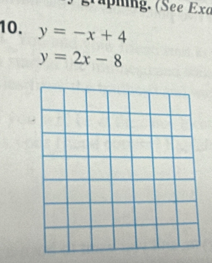 graphing. (See Exα
10. y=-x+4
y=2x-8