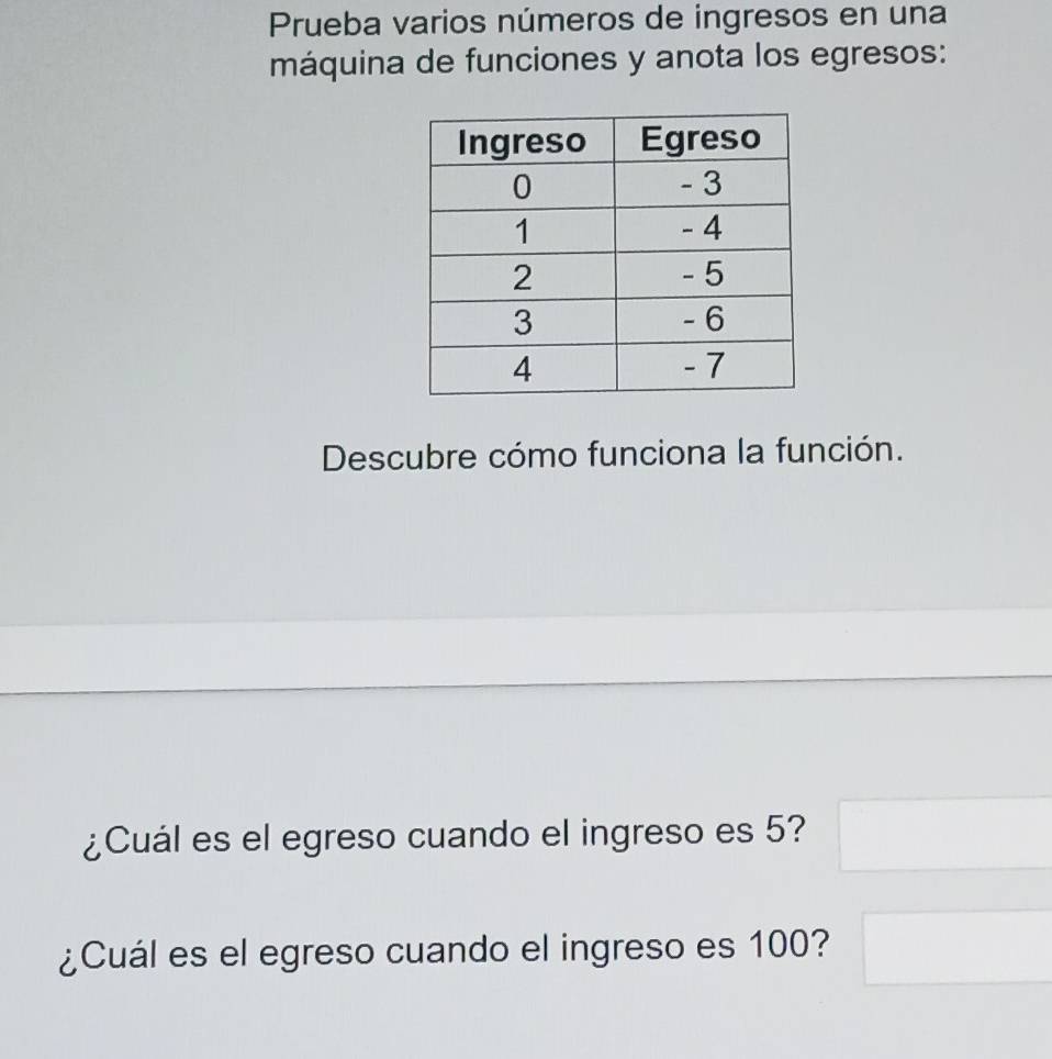 Prueba varios números de ingresos en una 
máquina de funciones y anota los egresos: 
Descubre cómo funciona la función. 
¿Cuál es el egreso cuando el ingreso es 5? □ 
¿Cuál es el egreso cuando el ingreso es 100? □