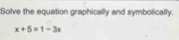 Solve the equation graphically and symbolically.
x+5=1-3x