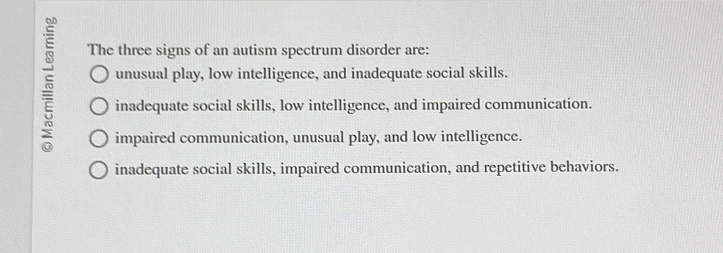 The three signs of an autism spectrum disorder are:
unusual play, low intelligence, and inadequate social skills.
inadequate social skills, low intelligence, and impaired communication.
impaired communication, unusual play, and low intelligence.
inadequate social skills, impaired communication, and repetitive behaviors.