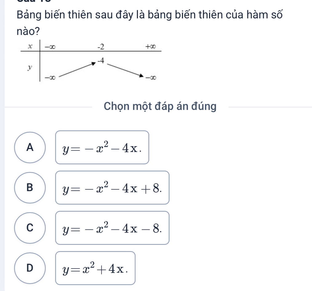 Bảng biến thiên sau đây là bảng biến thiên của hàm số
nào?
Chọn một đáp án đúng
A y=-x^2-4x.
B y=-x^2-4x+8.
C y=-x^2-4x-8.
D y=x^2+4x.