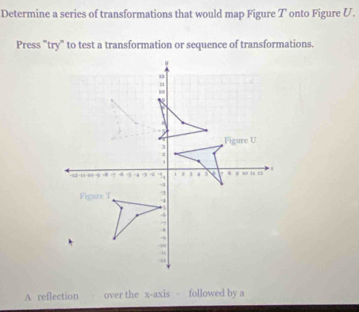 Determine a series of transformations that would map Figure T onto Figure U. 
Press "try" to test a transformation or sequence of transformations.
y
12
u
10
9

6
5
3 Figure U
2
1
= 12 -11 -10 -9 -8 -7 -6 -5 -4 -3 -2 z 1 2 3 4 s 6 75 9 10 11 12 x
-2
-3
Figure T ~4 
* 5
-6
7
-8
-9
-10
-11
-12
A reflection over the x-axis followed by a