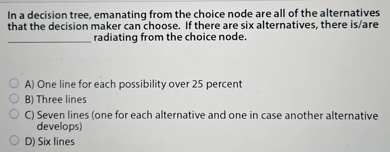 In a decision tree, emanating from the choice node are all of the alternatives
that the decision maker can choose. If there are six alternatives, there is/are
_radiating from the choice node.
A) One line for each possibility over 25 percent
B) Three lines
C) Seven lines (one for each alternative and one in case another alternative
develops)
D) Six lines