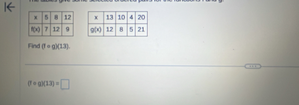 Find (fcirc g)(13).
(fcirc g)(13)=□