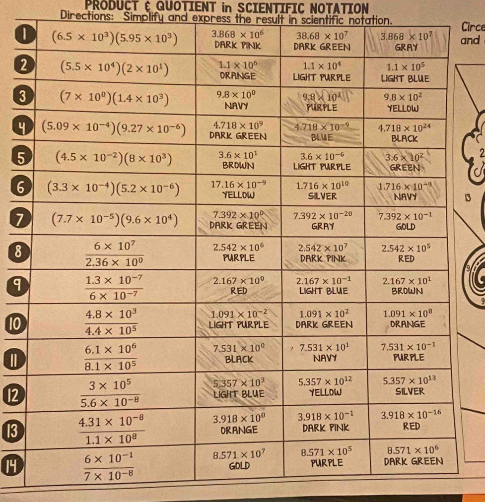 PRODUCT E QUOTIENT in SCIENTIFIC NOTATION
Directions: Simplify and express the result in scientific notation.
Circe
and
2
3
4
5
2
 
6
13
1
8
9
9
10
12
13
14