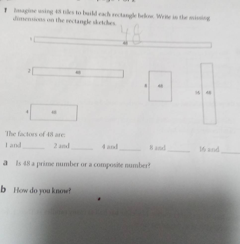 Imagine using 48 tiles to build each rectangle below. Write in the missing, 
dimensions on the rectangle sketches. 
、
48
2
48
B 48
4 48
The factors of 48 are:
1 and_ 2 and_ 4 and_ 8 and_
16 and_ 
a Is 48 a prime number or a composite number? 
b How do you know?