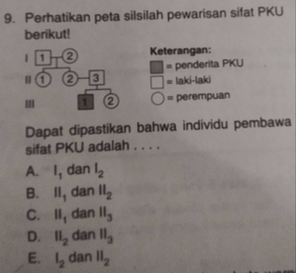 Perhatikan peta silsilah pewarisan sifat PKU
berikut!
Keterangan:
= penderita PKU
≡ laki-laki
= perempuan
Dapat dipastikan bahwa individu pembawa
sifat PKU adalah . . . .
A. l_1 dan l_2
B. ll_1 dan ll_2
C. II_1 dan ll_3
D. II_2 dan ll_3
E. l_2 dan II_2