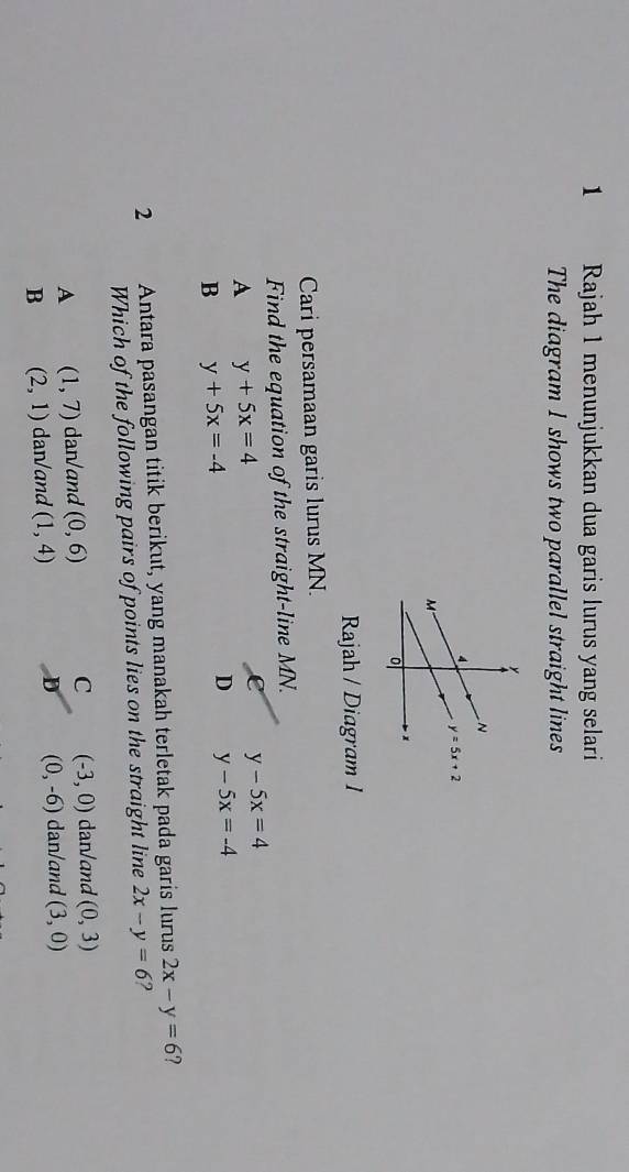 Rajah 1 menunjukkan dua garis lurus yang selari
The diagram 1 shows two parallel straight lines
Rajah / Diagram 1
Cari persamaan garis lurus MN.
Find the equation of the straight-line MN.
A y+5x=4
e y-5x=4
B y+5x=-4
D y-5x=-4
2 Antara pasangan titik berikut, yang manakah terletak pada garis lurus 2x-y=6 ?
Which of the following pairs of points lies on the straight line 2x-y=6 ?
A (1,7) dan/and (0,6) C (-3,0) dan/and (0,3)
B (2,1) dan/and (1,4) D (0,-6) dan/and (3,0)