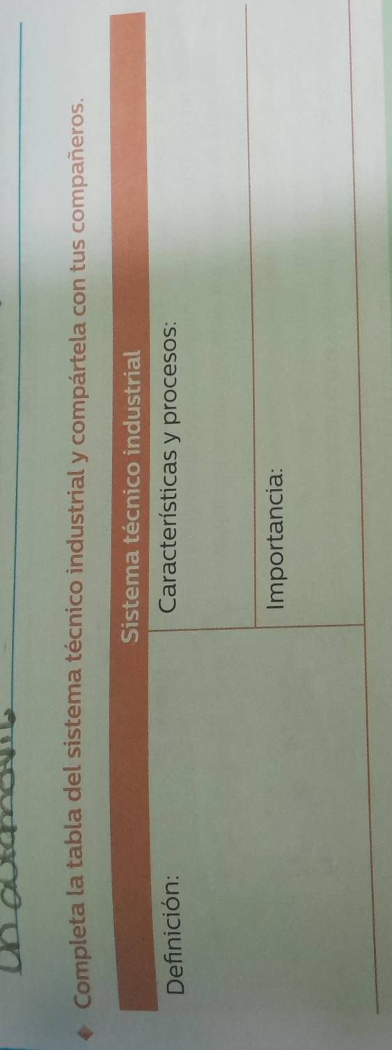 Completa la tabla del sistema técnico industrial y compártela con tus compañeros.