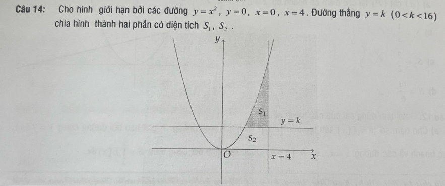 Cho hình giới hạn bởi các đường y=x^2,y=0,x=0,x=4. Đường thẳng y=k(0
chia hình thành hai phần có diện tích S_1,S_2.