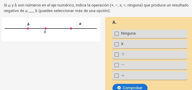 Si α y 6 son números en el eje numérico, indica la operación (+, −, x, ÷, ninguna) que produce un resultado
negativo de a _ 6 (puedes seleccionar más de una opción).
b
a A.
0
Ninguna
X
:

+
Comprobar