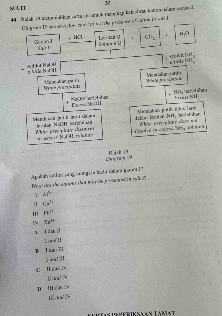 SULIT
40 Rajah 19 menunjukkan carta alir untuk mengkaji kehadiran kation dalam garam J.
Diagram 19 shows a flow chart to test the presence of cation in salt J.
Garam J + HCl Larutan Q + CO_2 + H_2O
Salt J Solution Q
+ sedikit
sedikit NaOH NH_3
a little NaOH a little NH_3
Mendakan putih Mendakan putih
White precipitate White precipitate
NaOH berlebihan NH_3 berlebihan
Excess NaOH Excess NH_3
Mendakan putih larut dalam Mendakan putih tidak larut
larutan NaOH berlebihan dalam larutan NH_3 berlebihan
White precipitate dissolves White precipitate does not
in excess NaOH solution dissolve in excess NH_3 solution
Rajah 19
Diagram 19
Apakah kation yang mungkin hadir dalam garam J?
What are the cations that may be presented in salt J?
I Al^(3+)
1 Ca^(2+)
III Pb^(2+)
IV Zn^(2+)
A I dan II
I and II
B I dan III
I and III
C II dan IV
II and IV
D III dan IV
III and IV
KERTAS PEPERIKSɑAN TAMäT